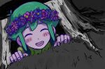  1boy antenna_hair basil_(headspace)_(omori) basil_(omori) blush closed_eyes colored_skin commentary_request double-parted_bangs flower flower_wreath green_hair green_shirt head_wreath highres male_focus omori open_mouth scene_reference shirt short_hair sidelocks smile solo t-shirt tamponade teeth tree_stump upper_teeth_only white_skin 