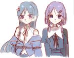  2girls akashi_manaka arms_at_sides assault_lily bare_shoulders black_ribbon black_skirt blue_hair blue_jacket closed_mouth collared_shirt commentary cropped_arms cropped_jacket cropped_torso flower hair_ornament hairclip high-waist_skirt highres jacket juliet_sleeves light_smile long_hair long_sleeves low_twintails multiple_girls neck_ribbon off_shoulder pink_flower puffy_sleeves purple_eyes purple_hair ribbon rui_rui_rui0122 school_uniform shirt short_twintails simple_background skirt twintails upper_body watanabe_akane white_background white_shirt yurigaoka_girls_academy_school_uniform 