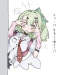  1girl @_@ animal_ear_hairband animal_ears arm_warmers asymmetrical_bangs bag bandaid bandaid_hair_ornament black_hair blush cat_ear_hairband cat_ears covering_own_eyes earrings fake_animal_ears fur-trimmed_skirt fur_trim green_eyes green_hair hair_ornament hairband hairclip haru_1un heart highres jewelry leg_warmers looking_at_viewer multiple_hairclips musical_note_earrings necktie open_mouth peeking_out peeking_through_fingers pink_arm_warmers pink_bag pink_leg_warmers red_necktie shirt skirt solo striped_arm_warmers striped_leg_warmers sunna_(zenless_zone_zero) white_shirt white_wings winged_bag wings zenless_zone_zero 