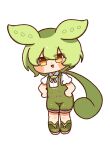  1girl blush chibi chibi_only commentary_request fang full_body green_hair green_shoes green_shorts highres long_hair looking_at_viewer low_ponytail open_mouth pea_pod ponytail shirt shoes short_sleeves shorts simple_background smile solo standing suspenders voiceroid voicevox white_background white_shirt yellow_eyes zundamon zunsakuramotii 
