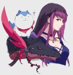  1girl 2others black_headdress breasts cleavage cropped_torso dog dragon fire_emblem fire_emblem_engage highres ivy_(fire_emblem) large_breasts long_hair looking_at_viewer multiple_others purple_hair simple_background sommie_(fire_emblem) star_(symbol) sweatdrop umi_(oneinchswing) upper_body watermark 