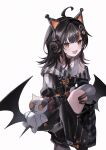  1girl :d ahoge animal_ear_headphones animal_ears arm_belt asymmetrical_legwear asymmetrical_sleeves bandaid bandaid_on_leg bare_shoulders bat_wings belt belt_collar black_choker black_hair black_nails black_shoes black_socks black_sweater cat_ear_headphones cat_ears choker collar commentary_request eyeball_hair_ornament fake_animal_ears headphones highres knees_up long_sleeves loose_socks mahou_shoujo_no_majo_saiban multicolored_hair nail_polish off-shoulder_sweater off_shoulder open_mouth orange_eyes orange_nails orange_streaks pantyhose sakana_clo sawatari_coco sharp_teeth shirt shoes short_hair simple_background single_bare_shoulder single_leg_pantyhose sitting skull sleeveless sleeveless_shirt smile socks solo streaked_hair striped_clothes striped_pantyhose striped_sleeves stuffed_animal stuffed_cat stuffed_toy sweater teeth white_background white_shirt wings 