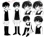  1boy antenna_hair arms_at_sides black_eyes black_hair black_socks black_tank_top closed_mouth collarbone colored_skin commentary_request double-parted_bangs drooling grin hair_between_eyes highres holding holding_knife invisible_floor kneehighs knees_up knife looking_at_viewer male_focus mouth_drool nana_(papapaimon) omori omori_(omori) open_mouth parted_lips short_hair shorts simple_background sitting smile socks solo standing striped_clothes striped_shorts tank_top teeth vertical-striped_clothes vertical-striped_shorts white_background white_eyes white_shorts white_skin 