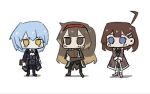  3girls ahoge angela_(project_moon) ascot blue_coat blue_eyes blue_hair book brown_coat brown_eyes brown_hair chibi chibi_only coat commentary ena_25ji full_body hair_ornament hairband hairclip highres hod_(project_moon) holding holding_book library_of_ruina long_hair long_sleeves malkuth_(project_moon) medium_hair multicolored_hair multiple_girls no_nose project_moon red_hairband simple_background untranslatable_commentary very_long_hair white_background yellow_eyes 