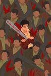  6+boys armband baseball_bat black_hair closed_eyes closed_mouth coat collared_shirt commentary crowd dead_rabbits_(identity)_(project_moon) expressionless highres killerohan limbus_company male_focus meursault_(project_moon) multiple_boys project_moon red_armband red_coat shirt yellow_shirt 