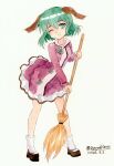  1girl absurdres animal_ears broom brown_socks commentary dog_ears dress full_body green_eyes green_hair highres holding holding_broom kasodani_kyouko leaning_forward long_sleeves one_eye_closed open_mouth painting_(medium) pink_dress short_hair simple_background socks solo touhou traditional_media watercolor_(medium) white_background white_socks zyryab 