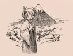  absurdres animal_ears arm_at_side blush candy_apple cat_ears cat_girl character_request commission copyright_request eating feet_out_of_frame food gender_request hair_ornament hakama hand_up highres holding holding_candy_apple holding_food japanese_clothes joaoloss4 kanzashi kimono looking_at_viewer monochrome mount_fuji mountain outdoors scenery short_hair simple_background solo tree 