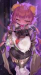  1girl absurdres aiza-ku ball_gag belt black_pantyhose breasts brown_coat coat condom covered_nipples dragon_girl dragon_horns gag gagged highres horns huge_breasts ilulu_(maidragon) kobayashi-san_chi_no_maidragon leash leash_pull leg_warmers long_hair long_sleeves looking_at_viewer pantyhose pink_belt pink_eyes pink_hair rolling_eyes sex_toy solo torn_clothes torn_pantyhose used_condom vibrator white_leg_warmers 