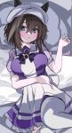  1girl animal_ears blue_eyes blush bow bowtie breasts brown_hair cheval_grand_(umamusume) commentary_request ear_covers ears_through_headwear hair_between_eyes hat highres horse_ears horse_girl kikkasoon large_breasts looking_at_viewer lying multicolored_hair on_back parted_lips peaked_cap pleated_skirt puffy_short_sleeves puffy_sleeves purple_bow purple_bowtie purple_shirt sailor_collar sailor_shirt school_uniform shirt short_hair short_sleeves skirt solo streaked_hair thighhighs tracen_school_uniform umamusume white_hair white_hat white_sailor_collar white_skirt white_thighhighs 