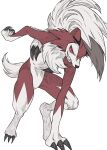 1other claws furry highres lycanroc lycanroc_(midnight) pokemon pokemon_(creature) pokemon_focus red_eyes red_pupils sharp_teeth simple_background solo teeth tillubreakin twitter_username white_background white_fur 
