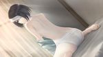  1girl ass back bandage barefoot bed black_hair blue_eyes curtains feet game_cg highres innocent_grey kara_no_shoujo_2 legs looking_back no_bra panties short_hair sitting soles sugina_miki sunlight thighs toes underwear undressing white_panties 