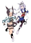  2girls absurdres ahoge animal_ears archives.gokulism black_pantyhose black_shorts blue_eyes blue_sailor_collar blue_skirt boots bracelet breasts brooch brown_hair brown_shirt closed_mouth cropped_jacket ear_ornament gloves green_necktie grey_hair grey_tail hair_between_eyes hairband highres holding_hands horse_ears horse_girl horse_tail jacket jewelry long_hair long_sleeves medium_breasts mejiro_ryan_(down_the_line)_(umamusume) mejiro_ryan_(umamusume) midriff multicolored_hair multiple_girls navel neckerchief necktie oguri_cap_(starlight_beat)_(umamusume) oguri_cap_(umamusume) open_mouth pantyhose pleated_skirt red_neckerchief sailor_collar shirt shirt_under_shirt short_hair shorts simple_background skirt smile star_brooch striped_clothes striped_jacket studded_bracelet studs tail tied_shirt two-tone_hair umamusume vertical-striped_clothes vertical-striped_jacket white_background white_boots white_gloves white_hair white_jacket white_shirt 