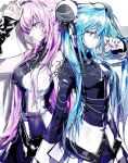  2girls absurdres aqua_eyes aqua_hair arm_at_side arm_up bare_shoulders black_shirt breasts character_name chinese_commentary commentary_request double_bun from_side grey_background hair_bun hanaseto hand_up hatsune_miku hatsune_miku_(conflict) highres juliet_sleeves large_breasts long_hair long_sleeves megurine_luka megurine_luka_(conflict) miniskirt multiple_girls pink_hair profile puffy_sleeves revision shirt skirt song_name standing turtleneck turtleneck_shirt twintails two-tone_background two-tone_shirt upper_body very_long_hair vocaloid white_background white_shirt white_skirt world's_end_dancehall_(vocaloid) 