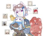  1girl ange_katrina animal_ear_fluff animal_ears asasede_pacha belt bird blue_capelet blue_hair brown_belt brown_gloves brown_skirt capelet cat_ears closed_mouth commentary_request creature folded_ponytail frown game_screenshot_inset gloves goggles goggles_on_head grey_shirt hair_ornament highres holding holding_creature kemonomimi_mode livly livly_island lize_helesta long_sleeves looking_at_viewer marmolu_(livly_island) monocle multicolored_hair nijisanji pink_hair pleated_skirt pointing_out_the_details purple_eyes rabine_(livly_island) screenshot_inset sebastian_piyodore shirt sidelocks skirt translation_request two-tone_hair upper_body virtual_youtuber yellow_bird yellow_trim 