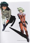  aina_saharin black_hair green_hair gun gundam gundam_08th_ms_team handgun kawamoto_toshihiro military military_uniform official_art pilot_suit pistol shadow shiro_amada uniform weapon 