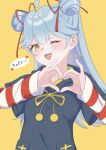  aziazi014 blue_hair blue_hoodie blush commentary_request cosplay double-parted_bangs double_bun hair_bun hair_ribbon heart heart_hands highres hirose_miina hood hoodie long_hair mcdonald's neck_ribbon one_eye_closed open_mouth red_ribbon ribbon shine_post smile speech_bubble translation_request tsukimi_pie_mochiko tsukimi_pie_mochiko_(cosplay) twitter_username upper_body yellow_background yellow_eyes yellow_ribbon 