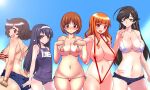  5girls :d ahoge akiyama_yukari alternate_breast_size_(larger) american_flag american_flag_bikini american_flag_print areola_slip arms_at_sides ass ass_visible_through_thighs bare_arms bare_back bare_hips bare_shoulders bikini bikini_top_only black_hair blue_one-piece_swimsuit blue_shorts blue_sky blunt_bangs blush breasts brown_eyes brown_gloves brown_hair cleavage closed_mouth collarbone commentary_request covered_nipples cowboy_shot criss-cross_back-straps cutoffs day denim denim_shorts dimples_of_venus flag_print flag_print_bikini flat_chest from_behind from_side girls_und_panzer gloves grey_eyes groin hairband hands_up isuzu_hana large_breasts long_hair long_sidelocks looking_at_viewer messy_hair micro_bikini multiple_girls name_tag navel nishizumi_miho old_school_swimsuit one-piece_swimsuit open_mouth orange_hair print_bikini reizei_mako sako_(bosscoffee) school_swimsuit school_uniform shiny_skin short_hair short_shorts shorts side-tie_bikini_bottom sideboob sidelocks sideways_glance sky slingshot_swimsuit smile standing stomach stomach_tattoo string_bikini swimsuit takebe_saori tattoo thighs translation_request underboob wet white_hairband 