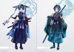  2boys adapted_costume ahoge anemo_symbol_(genshin_impact) aqua_hair aqua_hanfu arm_tattoo armor belt black_belt black_bodysuit black_bow black_bridal_gauntlets black_hair black_hakama black_kimono black_pants black_sandals black_shirt blue_cape blue_gem blue_hat blue_jingasa blue_kimono blunt_ends bodysuit bow bridal_gauntlets cape chinese_clothes choppy_bangs cloud_print commentary_request constellation covered_collarbone curtained_hair dao eyeliner facial_mark feathers forehead_mark full_body furisode gem genshin_impact gold gold_ring hakama hakama_pants hands_up hanfu hat highres japanese_armor japanese_clothes jingasa juban katana kimono kote kukatsuma kurokote looking_at_viewer makeup mandarin_collar mask middle_ring mountain_print multicolored_hair multiple_boys off_shoulder open_hands pants pleated_pants pom_pom_(clothes) purple_sash red_eyeliner sandals sash scaramouche_(genshin_impact) sheath sheathed shirt shoulder_spikes side_cape sidelocks single_bare_shoulder single_off_shoulder slit_pupils spikes split_screen standing streaked_hair sword sword_on_back tassel tattoo toeless_legwear toenails toes twitter_username wanderer_(genshin_impact) weapon weapon_on_back white_background white_mask white_trim wolf_cut xiao_(genshin_impact) yellow_eyes yellow_feathers zhongguo_hua zouri 