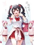  3girls bag black_eyes black_hair bow bowtie cardigan chiikawa clothes_around_waist commentary_request emerane futaba_(chiikawa) hair_bun highres hitoha_(chiikawa) long_hair looking_at_viewer loose_socks mermaid_(chiikawa) miniskirt multiple_girls open_mouth personification pink_hair pleated_skirt red_bag red_bow red_bowtie red_skirt school_uniform scrunchie shirt short_hair shoulder_bag siblings siren_(chiikawa) skirt smile socks sweater sweater_around_waist twins twintails white_shirt white_socks wrist_scrunchie 