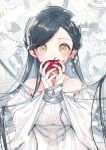  1girl apple bird black_hair blurry blurry_foreground bound bound_wrists braid bridal_gauntlets clothing_cutout commentary_request covered_mouth dress food fruit hair_ornament holding holding_food holding_fruit honzuki_no_gekokujou jewelry keiko_(x_h2o) long_hair long_sleeves looking_at_viewer myne_(honzuki_no_gekokujou) partial_commentary partially_colored red_nails ribbon ring sash shoulder_cutout solo standing very_long_hair white_dress white_sash wide_sleeves yellow_eyes 