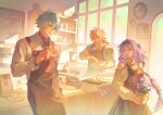  1girl 2boys analog_clock antenna_hair apron arm_tattoo artist_name bare_shoulders black_apron black_sweater blonde_hair blue_eyes bowl braid breasts cafe castorice_(honkai:_star_rail) castorice_(luckin_coffee)_(honkai:_star_rail) character_cookie chimera_(honkai:_star_rail) clock closed_mouth clothing_cutout coffee coffee_mug commentary_request counter cup cupcake food grey_skirt holding holding_bowl holding_plant holding_whisk honkai:_star_rail honkai_(series) indoors long_hair long_sleeves looking_at_another low-tied_long_hair medium_breasts medium_hair mixing_bowl mug multiple_boys mydei_(delicacies)_(honkai:_star_rail) mydei_(fig_stew)_(honkai:_star_rail) mydei_(honkai:_star_rail) no_coat open_clothes open_shirt parted_lips phainon_(express_travel)_(honkai:_star_rail) phainon_(honkai:_star_rail) plant potted_plant purple_eyes purple_hair red_tattoo shi_(shi_zumii) shirt short_hair shoulder_cutout side_braid skirt smile sunlight sweater tattoo tiered_tray turtleneck turtleneck_sweater very_long_hair wall_clock whisk white_hair white_shirt white_sweater window 