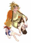  1boy 1other antenna_hair barefoot belt black_pants blonde_hair commentary_request cup eyewear_on_head figure_four_sitting happi highres holding holding_cup honogurashi_no_niwa japanese_clothes kimono kisuke_(honogurashi) looking_at_another merst_pere overall_shorts overalls pants ponytail protagonist_(honogurashi) red_scarf scarf shirt short_hair short_ponytail sitting smile sunglasses white_background white_shirt 
