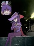  1boy 1girl arnold_(genshin_impact) asymmetrical_bangs bird black_bow black_gloves blue_eyes blunt_bangs blunt_ends blush bodystocking bow breasts brooch cape commentary concert crossed_legs crow cut-in cymbals detached_sleeves drum drum_set earrings elbow_gloves english_commentary english_text eyeliner fan_screaming_at_madison_beer_(meme) fur-trimmed_cape fur_trim genshin_impact gloves gold_earrings hair_between_eyes hair_bow hand_up hat hat_ornament highleg highleg_leotard highres holding holding_microphone instrument jewelry leotard looking_at_viewer makeup medium_breasts meme microphone mona_(genshin_impact) open_mouth oriana0w0 photo_background purple_eyes purple_hair purple_hat purple_leotard purple_scarf purple_sleeves red_cape red_eyeliner red_hat sanpaku scaffolding scaramouche_(genshin_impact) scarf shaded_face signature sitting sound_effects stage star_(symbol) star_brooch star_earrings star_hat_ornament star_print swept_bangs twintails two-sided_fabric two-sided_headwear wispy_bangs witch_hat wolf_cut 