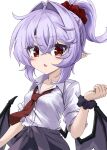  1girl akisome_hatsuka alternate_costume bat_wings black_skirt breasts clothes_around_waist collared_shirt commentary_request contemporary fang hair_between_eyes hair_intakes hair_ornament hair_scrunchie necktie open_mouth pleated_skirt pointy_ears ponytail purple_hair red_eyes red_necktie remilia_scarlet school_uniform scrunchie shirt simple_background skirt small_breasts solo sweater sweater_around_waist touhou white_background white_shirt wings wrist_scrunchie 