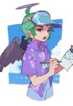  1boy ahoge angel black_wings blue_pants blue_visor_cap collared_shirt commentary_request cropped_legs day feathered_wings floral_print floral_print_shirt green_hair halo hands_up highres holding holding_notebook holding_pen lanyard looking_at_viewer looking_to_the_side male_focus maurice_(puyopuyo) maurice_(tour_guide)_(puyopuyo) notebook ocean open_mouth outdoors pants pen print_shirt purple_eyes purple_halo purple_shirt puyopuyo puyopuyo_quest shirt short_hair short_sleeves solo standing urolo visor_cap wings 