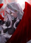  1girl ahoge black_dress black_gloves breasts claws closed_mouth commentary_request dress empty_eyes eyelashes feathered_wings flower-shaped_pupils genshin_impact gloves grey_background grey_hair hair_between_eyes half-closed_eyes hand_up highres holding holding_skull large_breasts long_hair long_sleeves looking_at_object looking_down red_wings ronova_(genshin_impact) sad see-through_clothes see-through_veil sidelocks simple_background skeleton skull solo sp_z51 symbol-shaped_pupils veil very_long_hair wavy_hair white_veil wings yellow_eyes 