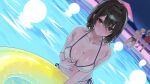  1girl 2boys bare_shoulders bikini black_hair blurry blurry_background blush breasts brown_eyes cleavage closed_mouth hair_between_eyes highres innertube large_breasts looking_at_viewer medium_hair multiple_boys night oreazu original outdoors pool sky smile solo_focus string_bikini swim_ring swimsuit variant_set voice_drama_available water wet yellow_bikini 