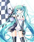  checkered checkered_flag covered_navel elbow_gloves flag gloves goodsmile_company goodsmile_racing green_eyes green_hair hatsune_miku highres leotard long_hair md5_mismatch nanatsuba race_queen racing_miku racing_miku_(2011) see-through smile solo thighhighs twintails very_long_hair vocaloid 