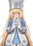  1girl absurdres averting_eyes blonde_hair blue_eyes blue_jacket blush closed_mouth commentary cowboy_shot embarrassed garter_belt gloves grey_hat hat helmet highres index_fingers_together jacket large_hat long_hair norma_hollowell olecafe2 shako_cap simple_background solo white_background white_garter_belt white_gloves zenless_zone_zero 