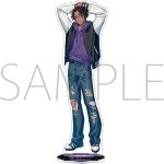  1boy acrylic_stand_(medium) arms_up baggy_pants black_jacket blue_pants denim heathcliff_(project_moon) hood hoodie jacket jeans letterman_jacket limbo limbus_company looking_at_viewer male_focus official_art pants project_moon purple_hoodie sample_watermark shoes simple_background solo torn_clothes torn_jeans torn_pants wallet_chain watermark white_background white_shoes white_sleeves 