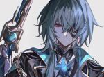  1boy anaxa_(honkai:_star_rail) artist_name black_jacket chain closed_mouth crystal_earrings earrings empty_eyes eyepatch gold_chain gold_ring greco-roman_clothes green_hair gun hair_ornament hair_tubes hand_up handgun highres holding holding_gun holding_weapon honkai:_star_rail honkai_(series) jacket jewelry lapels long_hair looking_at_viewer low_ponytail male_focus mg_omom open_clothes open_jacket pale_skin ponytail red_eyes red_pupils shirt simple_background single_earring single_hair_tube solo upper_body weapon white_background white_shirt 