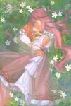  1girl ^_^ animal animal_hug arm_cutout belt black_belt black_bow black_ribbon blunt_bangs bow cat chinese_commentary cloak closed_eyes clothed_animal clothing_cutout commentary_request cowboy_shot crossed_arms ear_covers eyelashes field flower flower_field frilled_shirt frilled_skirt frilled_sleeves frills grass hair_bow hair_ribbon hair_spread_out happy high-waist_skirt highres holding holding_animal holding_cat hood hood_up hooded_cloak infinity_nikki lips long_hair long_sidelocks long_sleeves low_twintails lying medium_skirt momo_(nikki) nikki_(nikki) nikki_(series) on_ground on_side parted_lips perfect_start_(infinity_nikki) pink_hair pink_ribbon pink_skirt pleated_skirt print_skirt puffy_long_sleeves puffy_sleeves ribbon shialuana shirt sidelocks skirt smile snowflake_print teeth tress_ribbon twintails very_long_hair white_cat white_flower white_shirt white_skirt yellow_cloak 