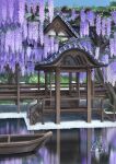  architecture boat bush commentary_request cool_colors dated east_asian_architecture flower gable_roof garden highres japan kadukireia no_humans original reflection reflective_liquid scenery signature tile_roof tree trellis walkway water watercraft watermark wisteria wooden_floor 