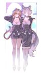  2girls absurdres animal_ear_fluff animal_ears aqua_eyes blush breasts brown_eyes brown_hair cat_ears cat_tail cleavage commentary dress elira_pendora elira_pendora_(wolf) english_commentary full_body hair_between_eyes hair_over_one_eye hand_on_own_neck highres klara_charmwood looking_at_another looking_at_viewer medium_breasts medium_hair multiple_girls neva_nabi nijisanji nijisanji_en pinstripe_dress pinstripe_pattern scarf short_hair tail virtual_youtuber wolf_ears wolf_tail 