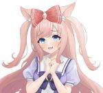  1girl :d agnes_digital_(umamusume) animal_ears blue_eyes breasts commentary_request hands_up highres horse_ears horse_girl long_hair looking_at_viewer open_mouth pink_hair puffy_short_sleeves puffy_sleeves sailor_collar school_uniform short_sleeves simple_background smile solo srndrc tracen_school_uniform two_side_up umamusume upper_body white_background white_sailor_collar 