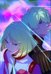  1boy 1girl back-to-back blonde_hair blue_hair brother_and_sister char_aznable commentary earth_federation earth_federation_space_forces gundam gundam_gquuuuuux hair_between_eyes highres medium_hair messy_hair military_uniform mintbreak mobile_suit_gundam red_lips sayla_mass siblings untranslatable_commentary zeon 