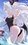  1girl adjusting_clothes adjusting_swimsuit armpit_crease ass bare_arms bare_shoulders black_horns black_wings blue_archive breasts closed_mouth commentary cowboy_shot day deerta film_grain from_behind halo highres hina_(blue_archive) hina_(swimsuit)_(blue_archive) holding holding_swim_ring horns innertube leaning_forward long_hair looking_ahead low_wings old_school_swimsuit one-piece_swimsuit profile purple_eyes school_swimsuit small_breasts solo standing sunlight swim_ring swimsuit very_long_hair wading wet whistle whistle_around_neck white_hair wings 