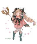  1girl afk_(konnosukeluv) alternate_costume artist_name black_boots blonde_hair boots bow collared_dress commentary dress drill_hair elise_(fire_emblem) fire_emblem fire_emblem_fates floating_hair hair_bow holding holding_staff long_hair looking_at_viewer lower_teeth_only open_mouth pantyhose pink_dress pleated_dress purple_eyes purple_hair short_dress simple_background smile solo staff teeth twin_drills twintails white_background white_pantyhose 