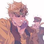  2boys absurdres black_hair blue_eyes chain closed_mouth commentary dangsineun_meotjyeo! dio_brando drawn_ears drawn_nose drawn_whiskers face_filter hand_on_own_cheek hand_on_own_face hat headband highres jojo_no_kimyou_na_bouken kujo_jotaro long_sleeves male_focus multiple_boys one_eye_closed popped_collar short_hair smile stardust_crusaders turtleneck yellow_eyes 