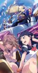  4girls armor asukagawa_chise black_hair black_shirt black_skirt blue_eyes boots bow bowtie breasts brown_hair cleavage closed_eyes closed_mouth epaulettes frilled_skirt frills gloves green_eyes gridman_(character) gridman_universe gridman_universe_(movie) gridman_universe_fighter hair_ornament halo highres jacket large_breasts long_hair looking_at_viewer mecha minami_yume mole mole_under_mouth multicolored_hair multiple_girls official_art one_eye_closed open_clothes open_mouth pleated_skirt purple_hair purple_skirt red_bow red_hair robot rogue_kaiser_gridman school_uniform science_fiction scrunchie shinjou_akane shinjou_akane_(new_order) shirt short_hair sitting skirt smile sweater takarada_rikka thighhighs thighs tokusatsu twintails weapon white_boots white_gloves wrist_scrunchie yellow_eyes 
