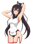  1girl adjusting_hair armpits arms_behind_head arms_up bare_arms bare_shoulders black_hair blue_eyes breasts commentary_request covered_navel curvy double-parted_bangs groin hair_between_eyes hata_(pixiv10403940) high_ponytail highres infinite_stratos leotard long_hair looking_at_viewer medium_breasts parted_lips ponytail shinonono_houki simple_background sleeveless solo split_ponytail thighhighs tsurime turtleneck turtleneck_leotard upper_body v-shaped_eyebrows very_long_hair white_background white_leotard white_thighhighs 