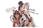  2girls ^_^ absurdres animal_ear_fluff animal_ears aragiken big_hair black_hair blush braid cat_ears cat_girl chinese_clothes closed_eyes commentary dark-skinned_female dark_skin detached_sleeves dialyn_(zenless_zone_zero) double_bun dress english_text hair_bun hairband hand_on_another's_ear highres long_hair multicolored_hair multiple_girls nekomiya_mana qipao red_hairband redrawn simple_background tsundere twin_braids two-tone_hair very_long_hair white_hair zenless_zone_zero 