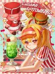  1girl absurdres blonde_hair blush boar burger commentary drink employee_uniform fast_food fast_food_uniform food french_fries hair_between_eyes highres long_hair looking_at_viewer luciana_de_montefio pinstripe_pattern pinstripe_shirt red_eyes shirt side_ponytail solo untranslatable_commentary visor_cap wrist_cuffs yamisroot zenless_zone_zero 