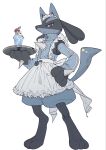  1other apron blue_jacket closed_mouth clothed_pokemon drinking_straw full_body furry highres holding holding_tray jacket jersey_maid lucario maid pokemon pokemon_(creature) pokemon_focus red_eyes simple_background solo standing tillubreakin tray unconventional_maid waist_apron white_apron zipper_pull_tab 