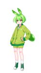  1girl absurdres double-parted_bangs edomura_niniko full_body green_hair green_jacket green_shoes green_shorts hair_between_eyes hand_on_own_hip highres jacket long_hair long_sleeves low_ponytail official_art open_mouth orange_eyes ponytail shoes shorts simple_background sleeves_past_wrists sneakers socks solo standing track_jacket transparent_background voicevox white_socks zipper zipper_pull_tab zundamon 