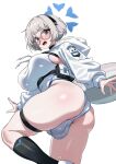  1girl absurdres ass black_eyes black_socks blue_archive blue_halo breasts bulge cetacean_tail commentary fins fish_tail from_below futanari glasses grey_hair halo headphones highres hood hood_down hooded_shrug kotone_(blue_archive) large_breasts long_sleeves looking_at_viewer mole mole_under_eye one-piece_swimsuit open_mouth round_eyewear short_hair shrug_(clothing) simple_background socks solo swimsuit tail testicles thigh_strap white_background white_one-piece_swimsuit white_shrug wujack 
